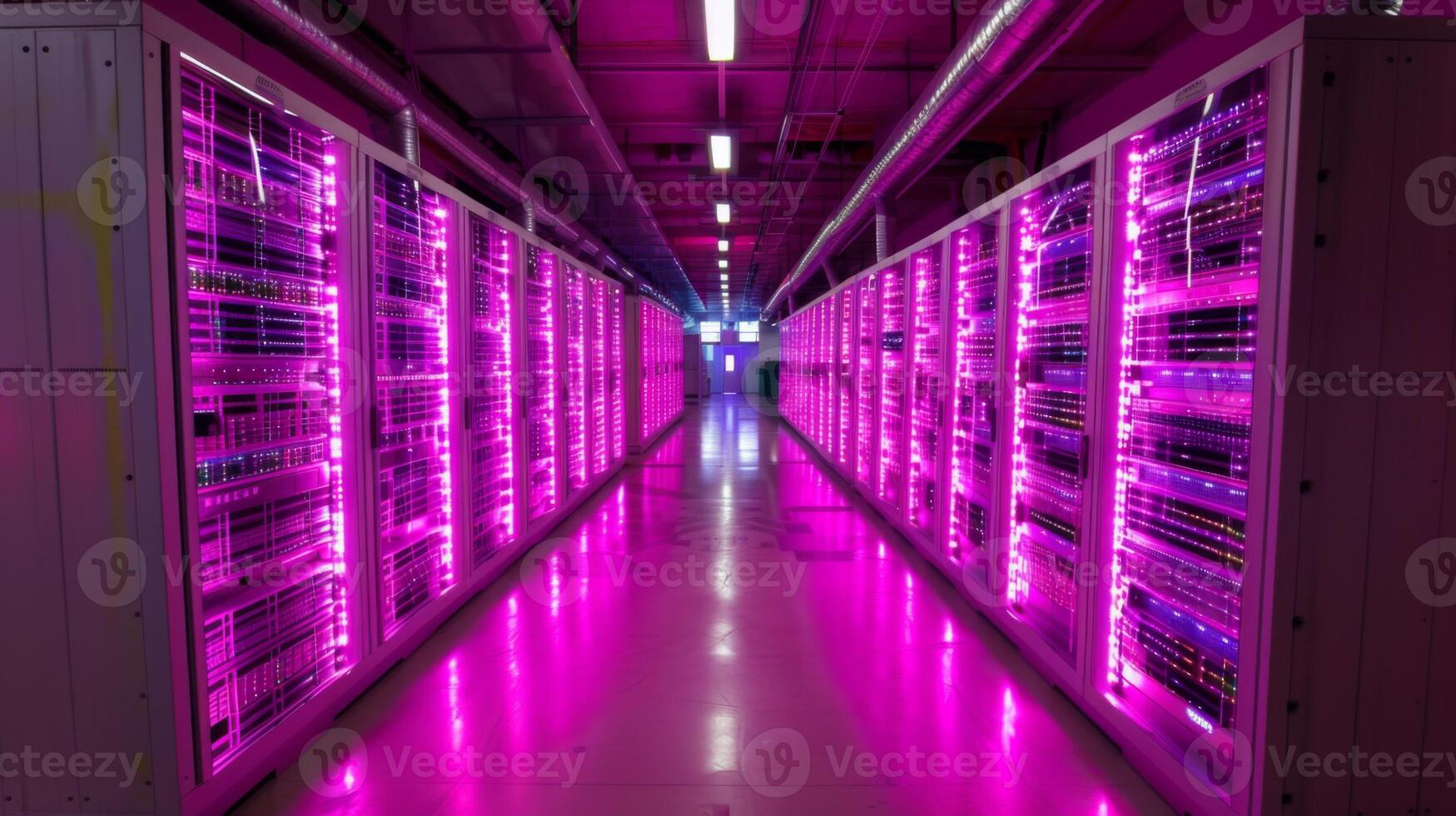 Rows of servers line the hallway of a modern data center, where vibrant pink lights create a futuristic atmosphere. The environment reflects advanced technology in data management. photo