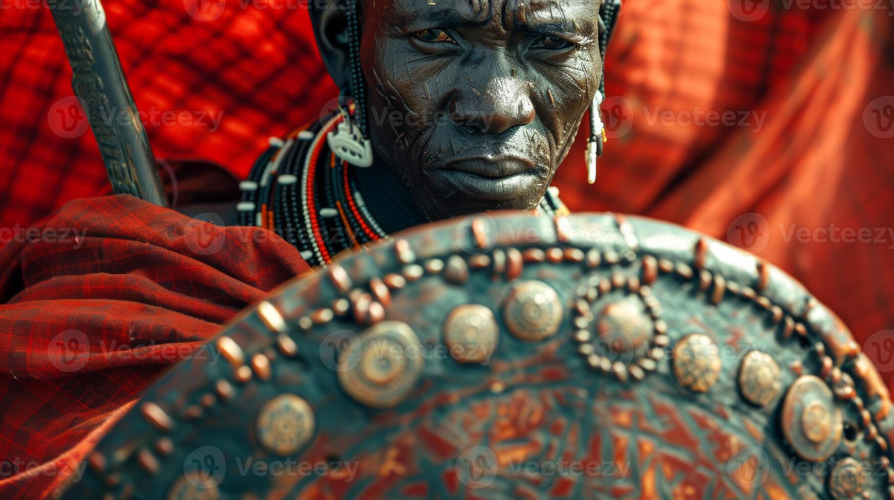 A Masai warrior displays his elaborate shield and tribal attire, exuding strength and pride in a stunning sunset background in Tanzania, highlighting cultural heritage. photo
