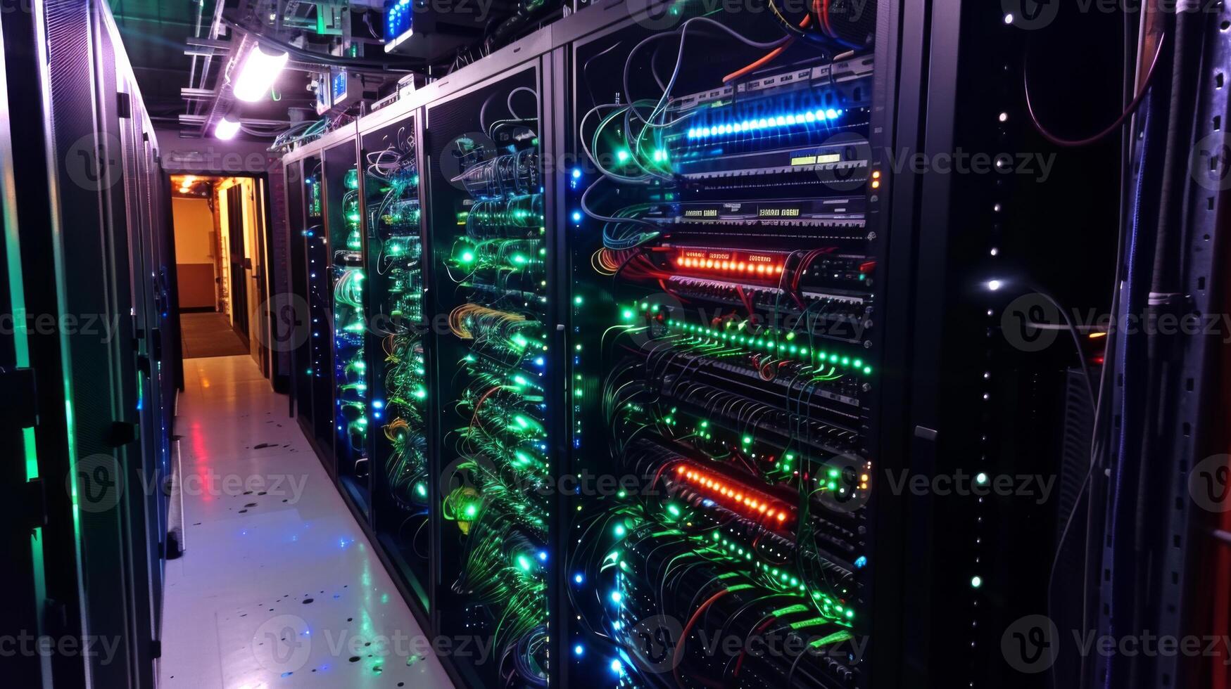 Rows of network servers are illuminated by bright LED lights in a modern data center. This high tech setting highlights the complexity of data infrastructure in operation. photo