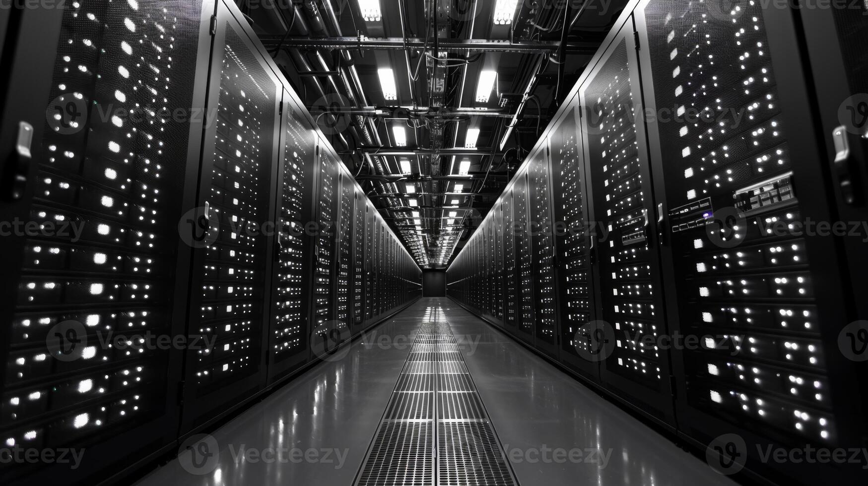 Dimly lit corridor in a data center with rows of server racks on either side, showcasing a network of interconnected devices during late hours. photo