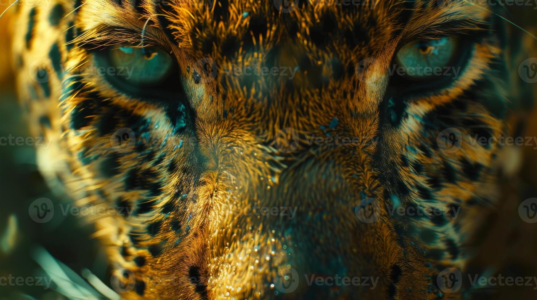 This captivating close up reveals the intricate patterns of a leopard's fur and the intense gaze of its bright eyes, highlighting the animal's raw beauty in a natural setting. photo