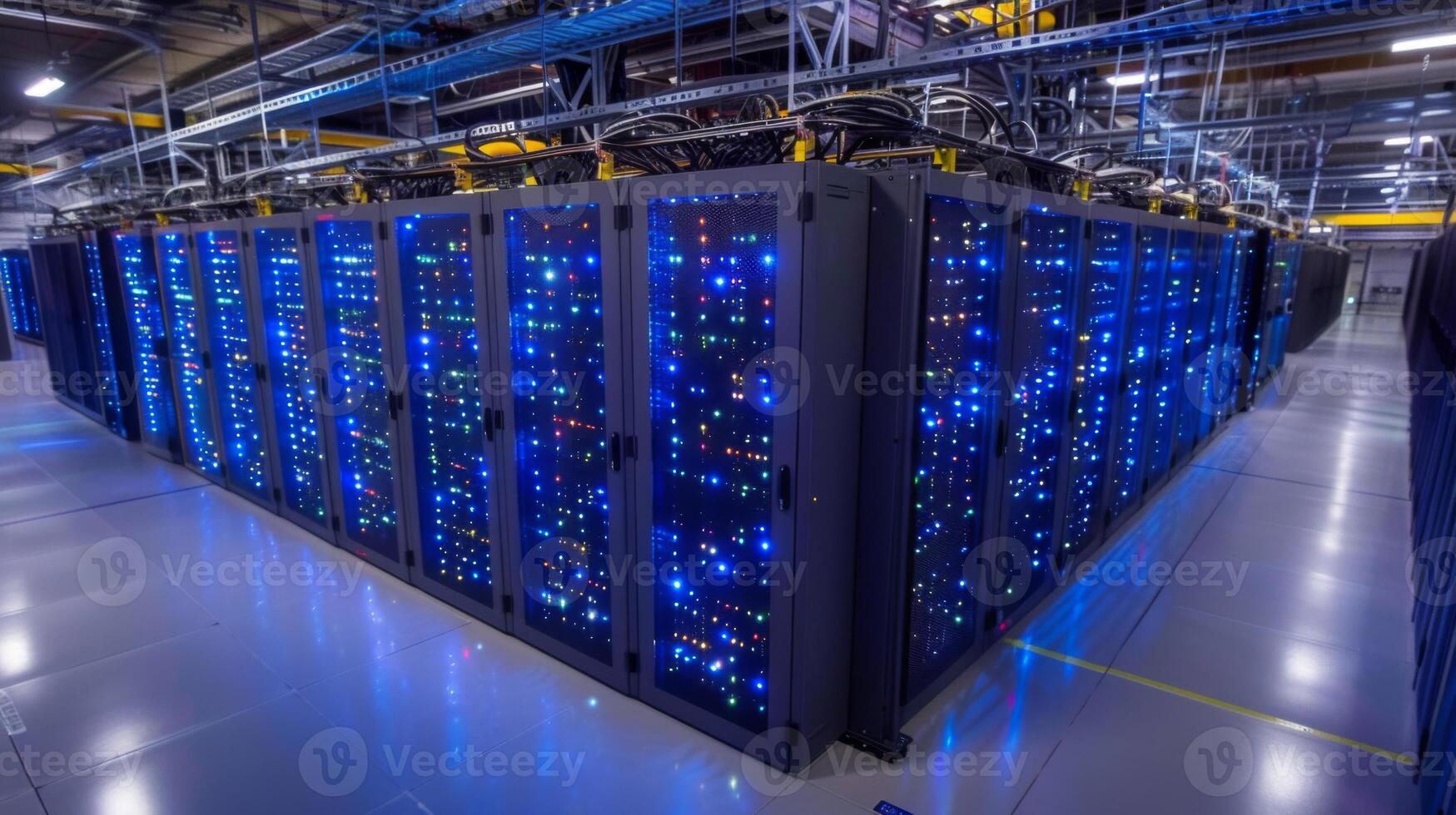 A modern server room filled with rows of illuminated server racks creating a vibrant atmosphere, indicative of high capacity data processing and storage operations. photo