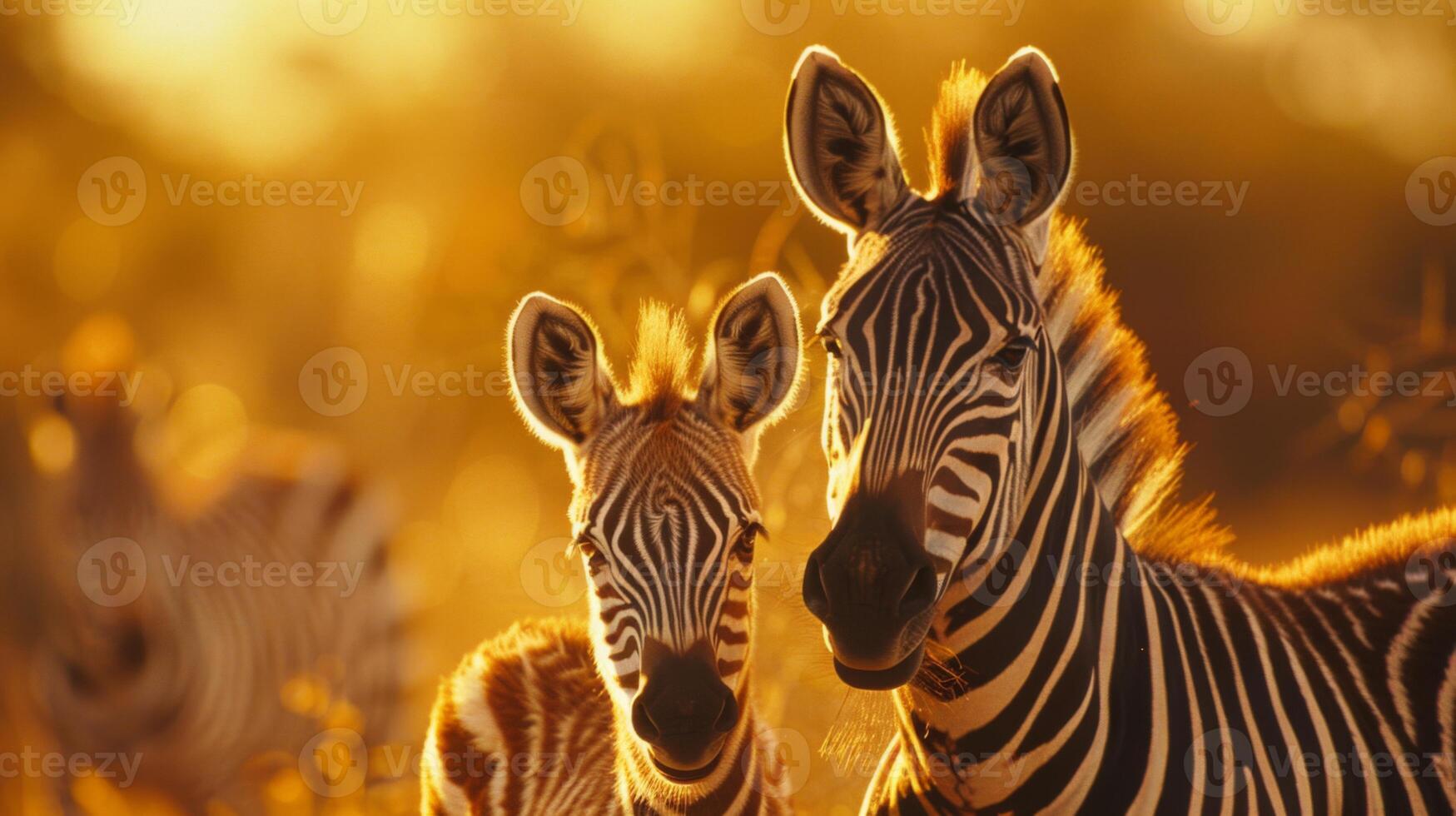 Two zebras, a mother and her young foal, stand close together, illuminated by the golden glow of the setting sun in the savanna. Their striking stripes contrast with the warm hues in the background. photo