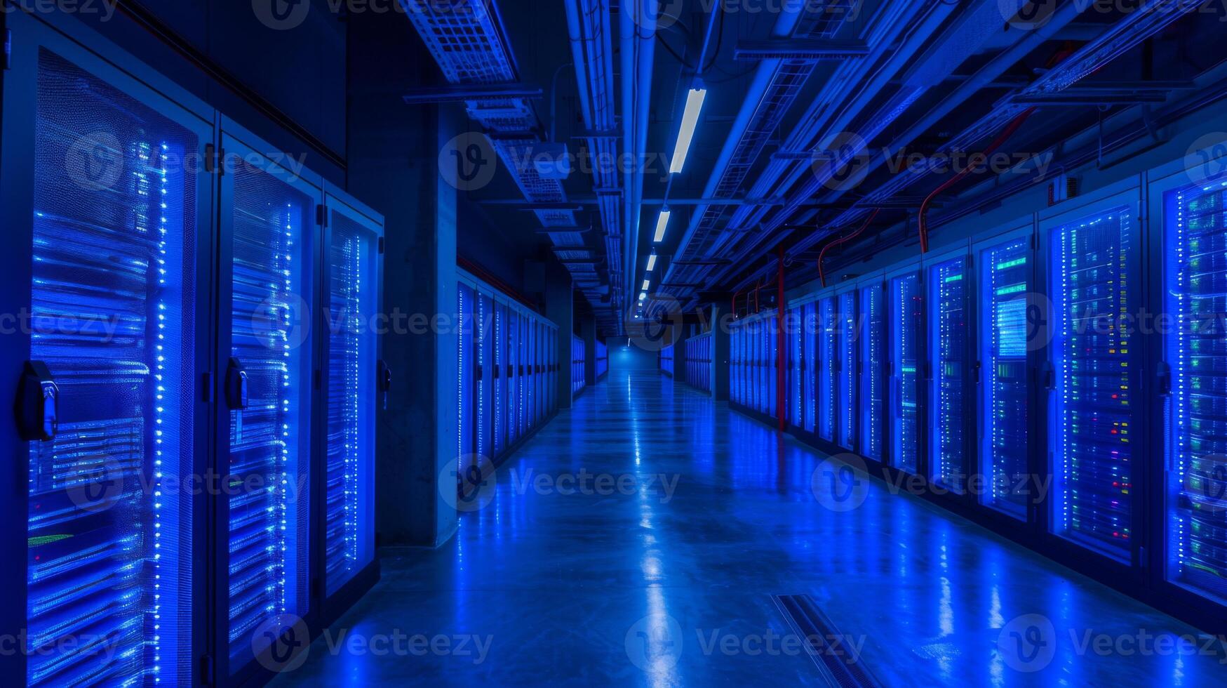 In a modern data center, rows of server racks glow with blue lights, creating a high tech atmosphere. The space is organized, emphasizing the importance of technology in data management. photo