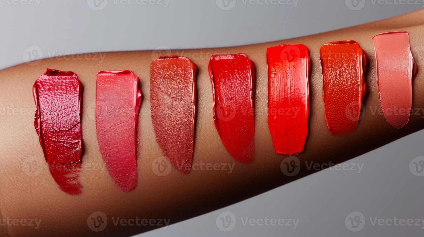 Different lip colors are applied on an arm, displaying a gradient from rich reds to subtle pinks. The colors vary in saturation and finish, showcasing diverse styling options. photo