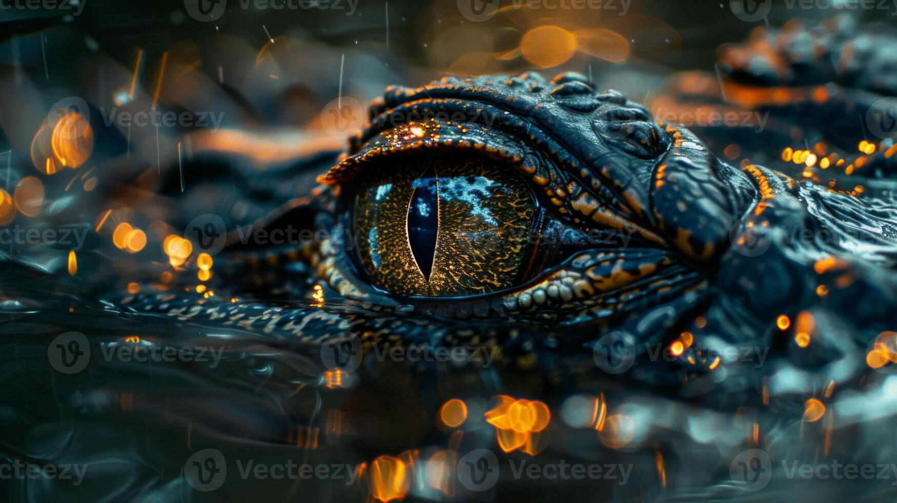 A crocodile eye is prominently visible above the water surface, capturing the glow of surrounding lights while raindrops fall in a serene setting at dusk. photo