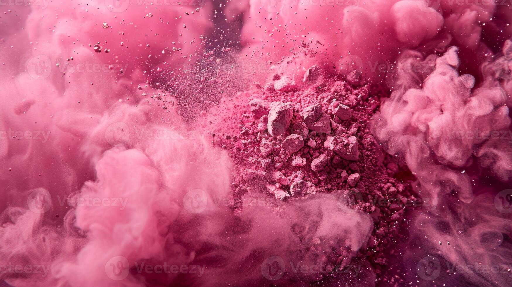 The striking pink powder erupts, enveloping the surrounding area in a vivid cloud. Fuzzy particles distribute throughout the air, creating a captivating visual effect. photo