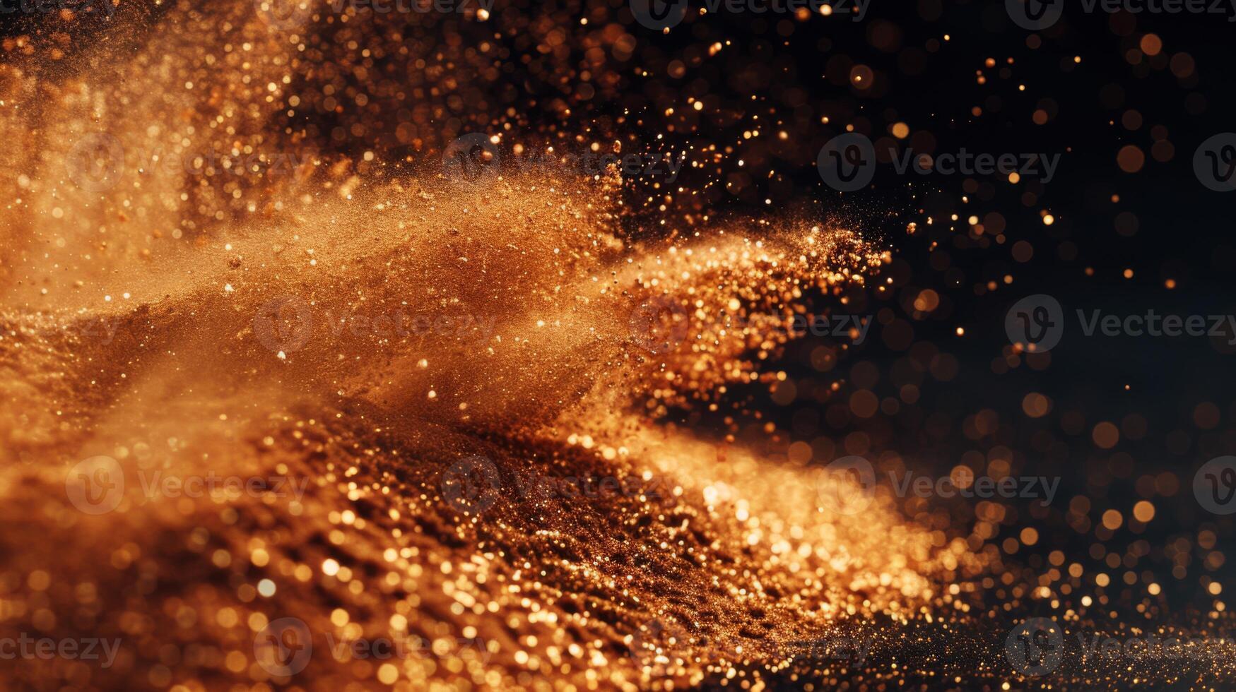Golden particles swirl dynamically in a dark setting, creating a stunning visual effect that captures light and depth, evoking a sense of magic and wonder. photo