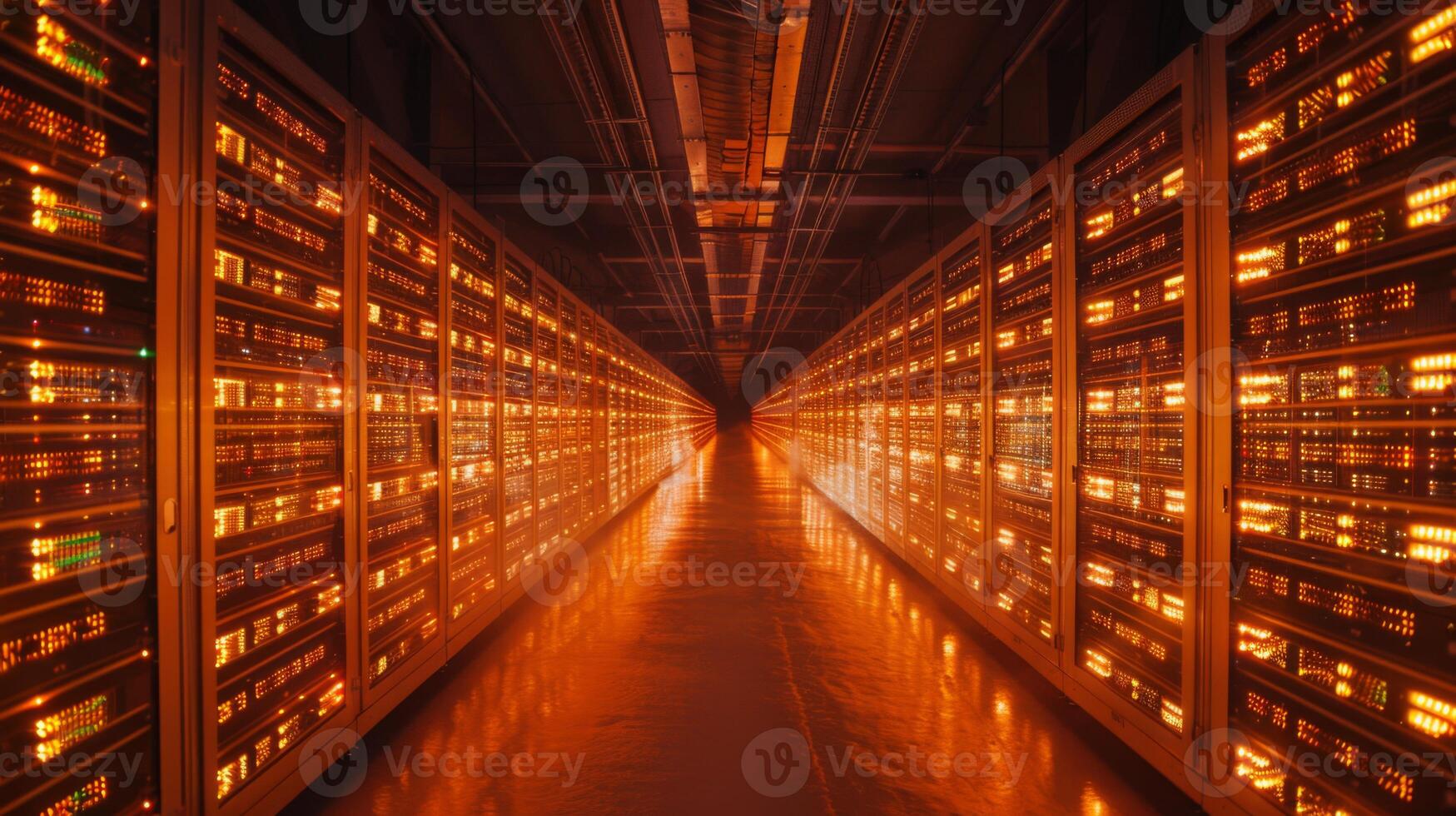 Rows of data servers emit a warm orange glow, creating a striking visual in a darkened data center corridor late at night, showcasing advanced technology and infrastructure. photo