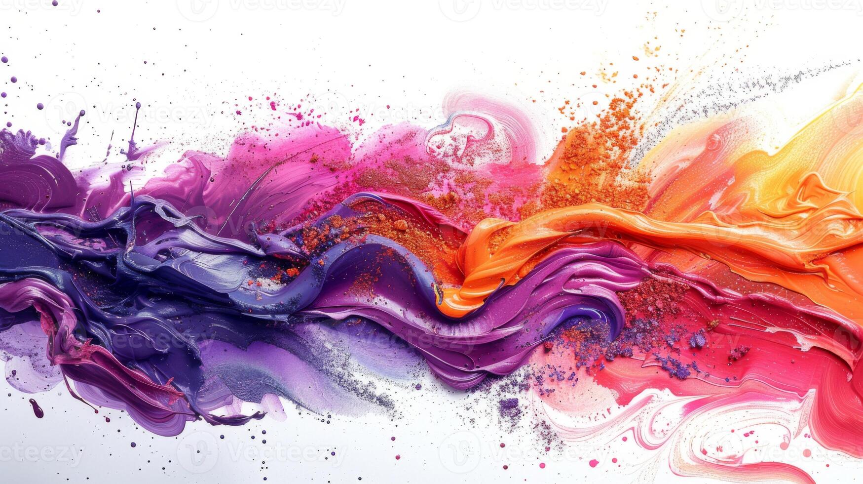 Colorful swirls of paint in purple, pink, orange, and red merge seamlessly on a white background, creating an energetic and captivating abstract design with depth and movement. photo