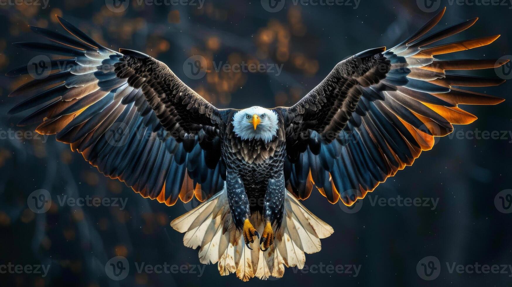 A bald eagle glides effortlessly through the sky, its impressive wings spread wide and vibrant feathers catching the light. The leafy backdrop adds depth to this majestic display. photo
