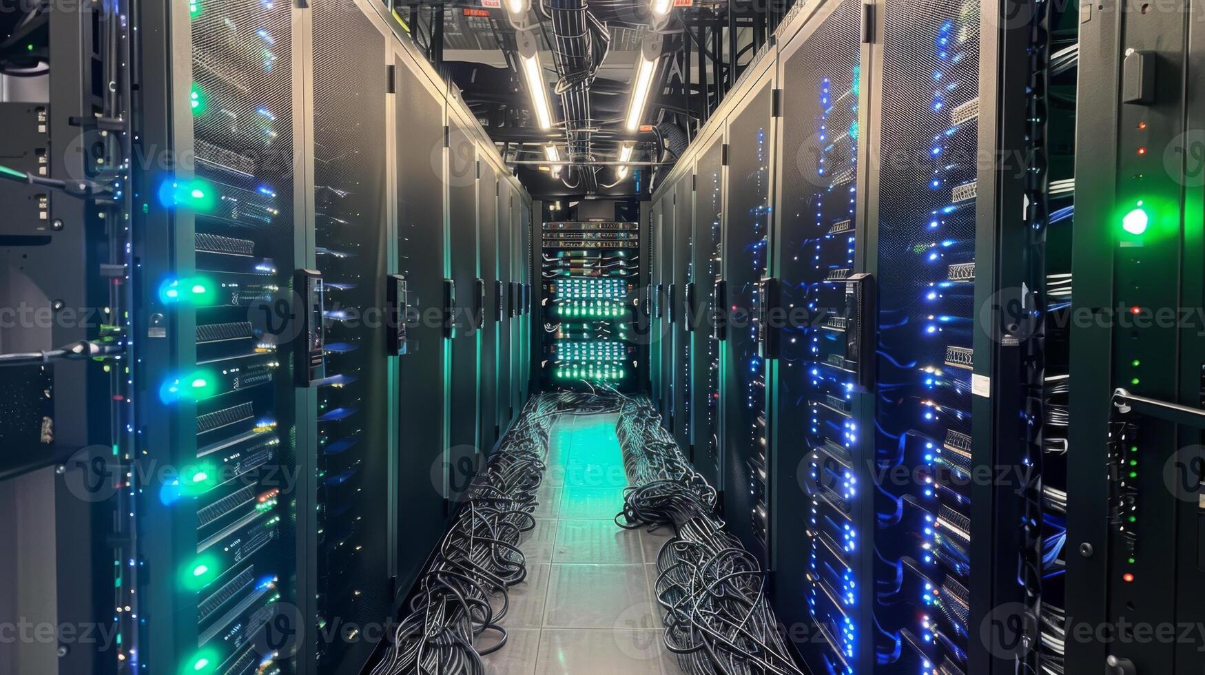 Long narrow passage in a data center showing rows of illuminated servers and a network of tangled cables, creating an active and high tech environment at night. photo