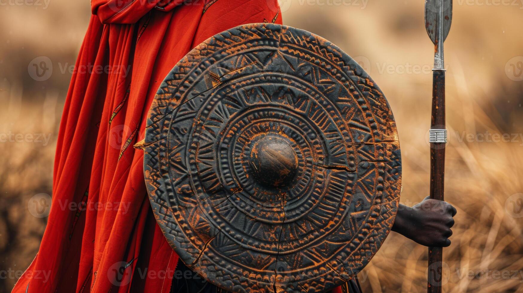 A traditional warrior stands confidently in an open grassland wearing a vibrant red garment. The warrior holds a beautifully decorated shield and a spear, embodying cultural heritage. photo