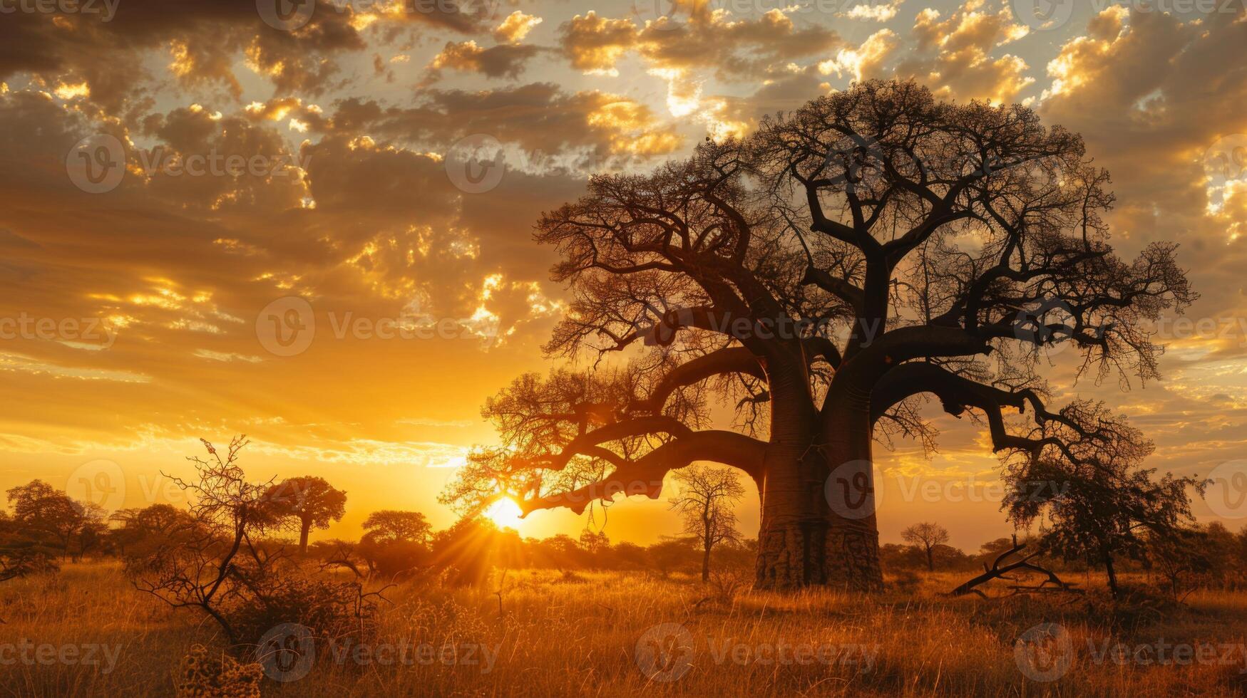 Golden sunlight filters through the branches of a large baobab tree, revealing the vast savannah landscape beneath a colorful sky at dusk, showcasing nature's stunning beauty. photo