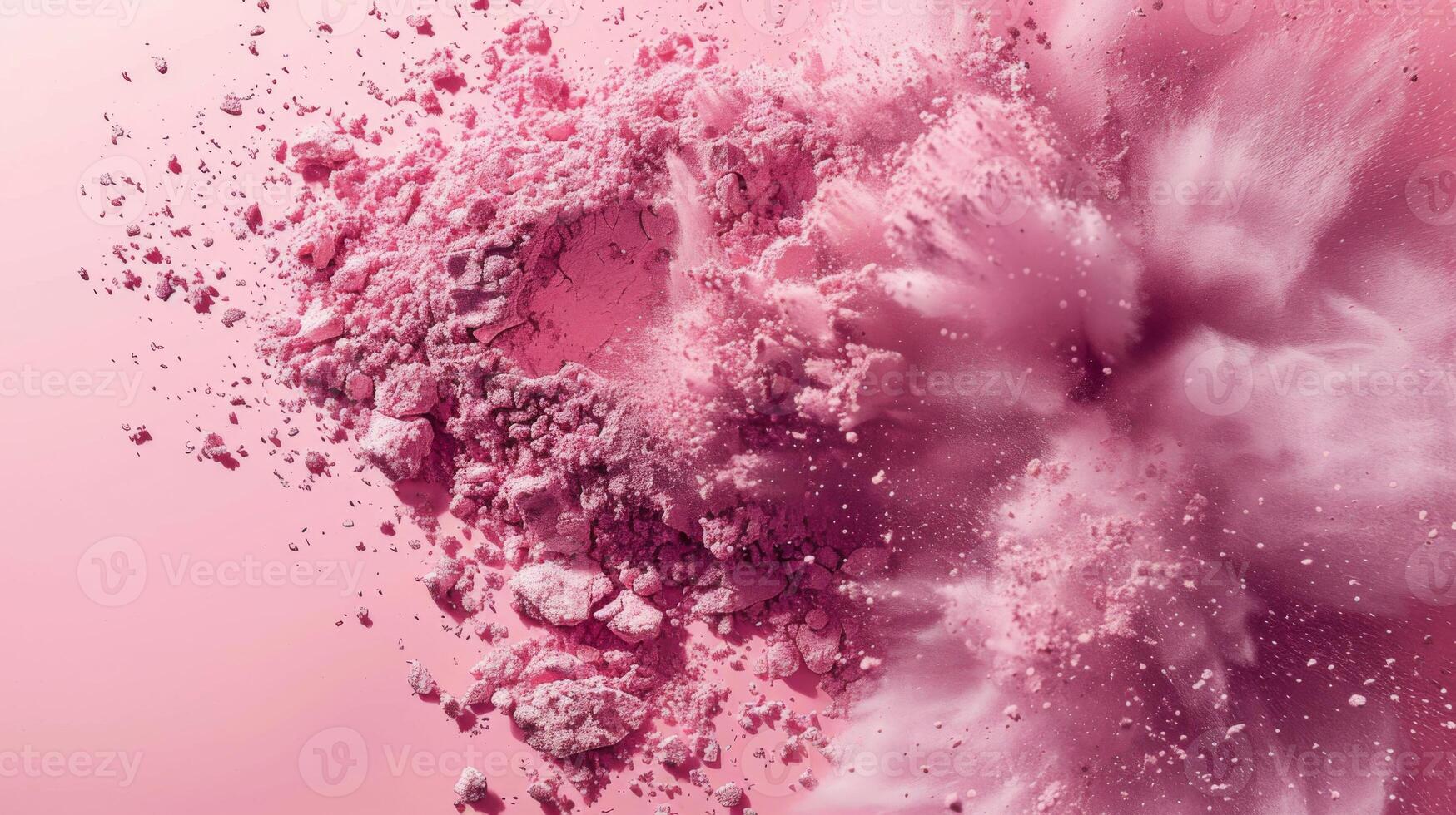 Fragments of pink powder burst into the air, creating a cloud effect. The vibrant hues suggest a focus on makeup artistry and beauty trends seen in modern cosmetic displays. photo