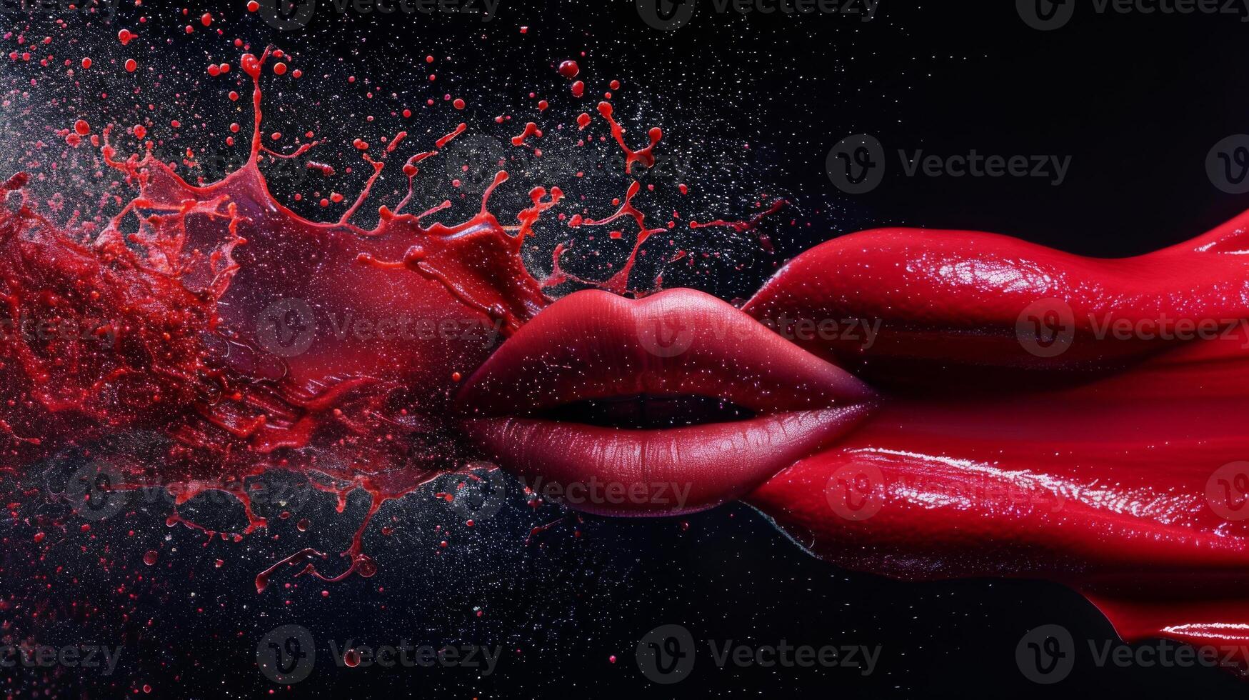 Red lips are at the center of a striking artistic representation, with vibrant liquid splashing outward, emphasizing beauty and creativity in a dramatic way photo