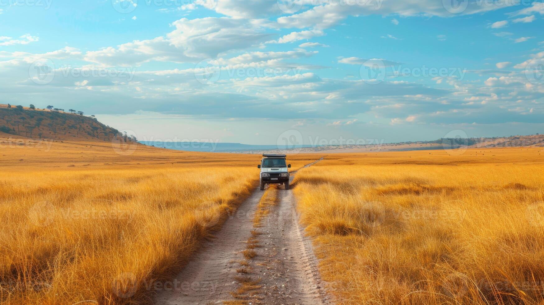 A four wheel drive vehicle moves steadily down a dirt path, surrounded by vast golden grasses and gentle hills under a bright blue sky filled with clouds. photo