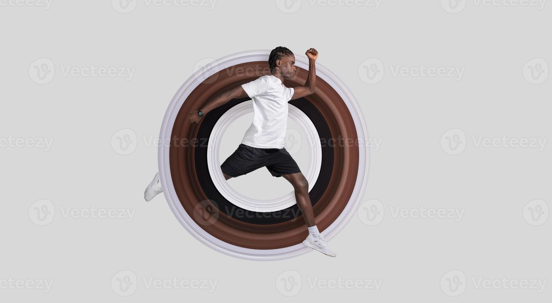 Dynamic image of an African American man captured in a mid-air running pose against a stark grey background, illustrating motion and athleticism photo