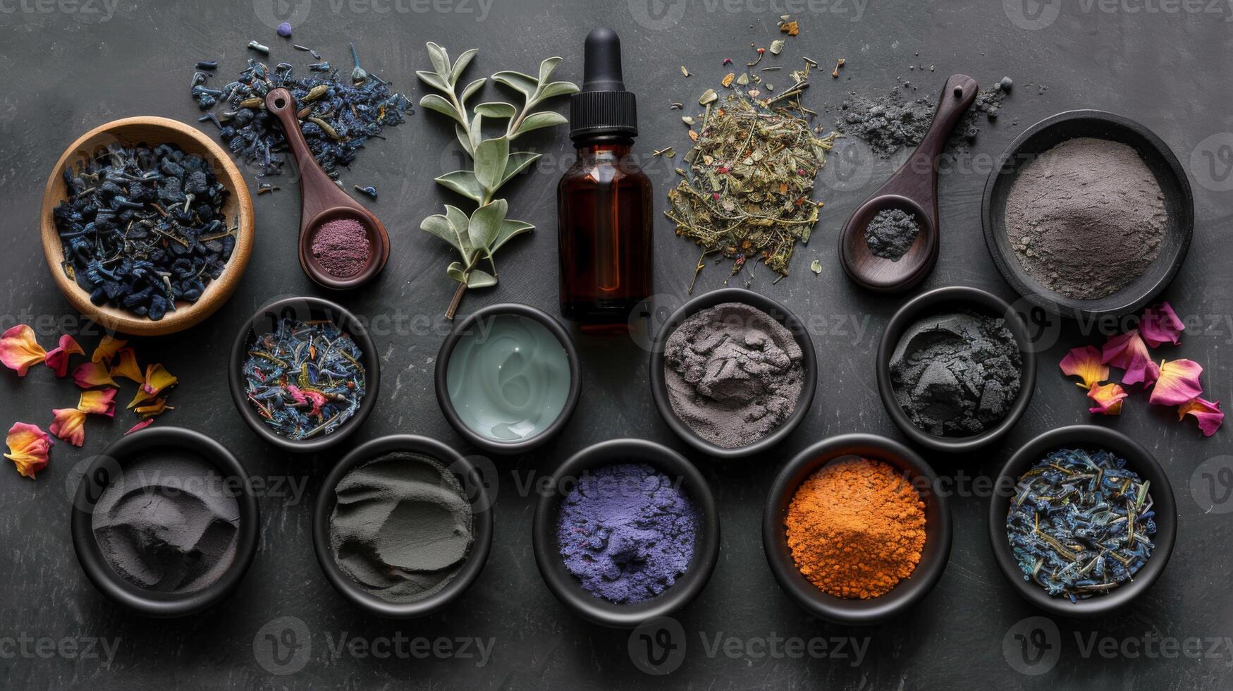 An assortment of vibrant herbs and powders is neatly arranged in bowls on a dark surface, showcasing various colors and textures. An aromatic oil bottle is included among the natural ingredients. photo
