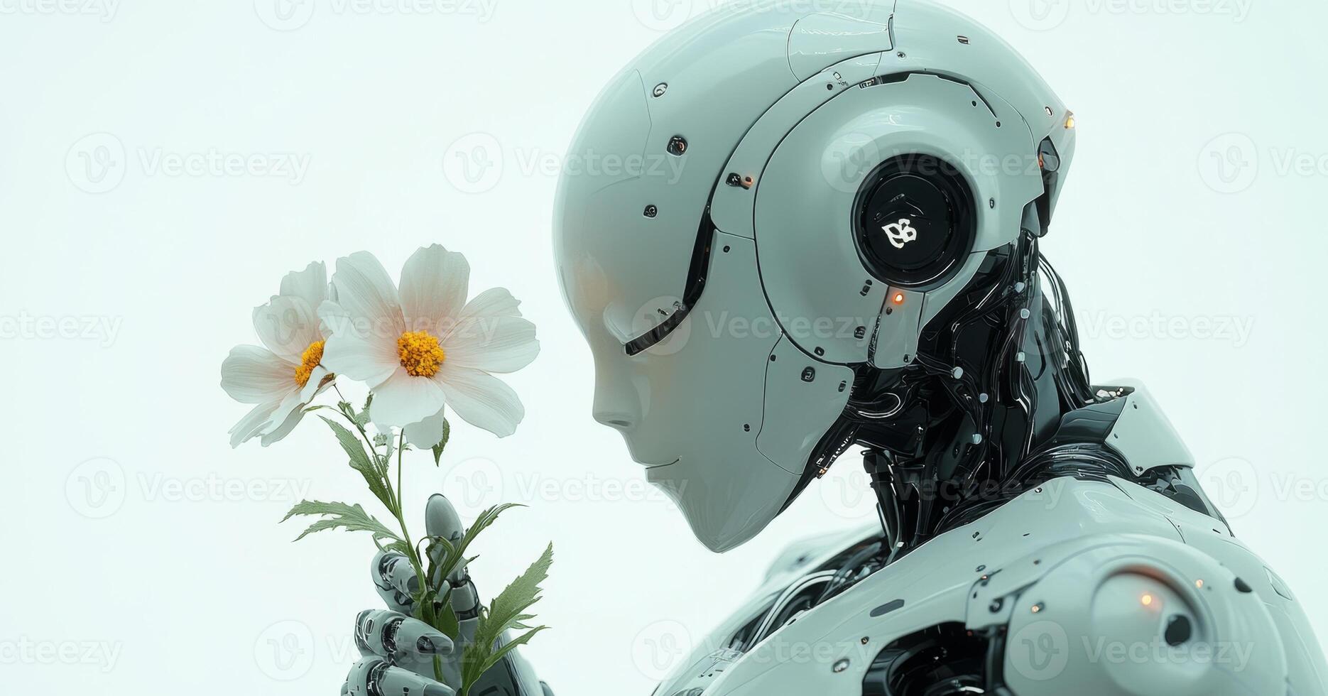 A futuristic humanoid robot gently holds a flower, representing harmony between technology and nature, conveying a peaceful message in a serene environment. photo