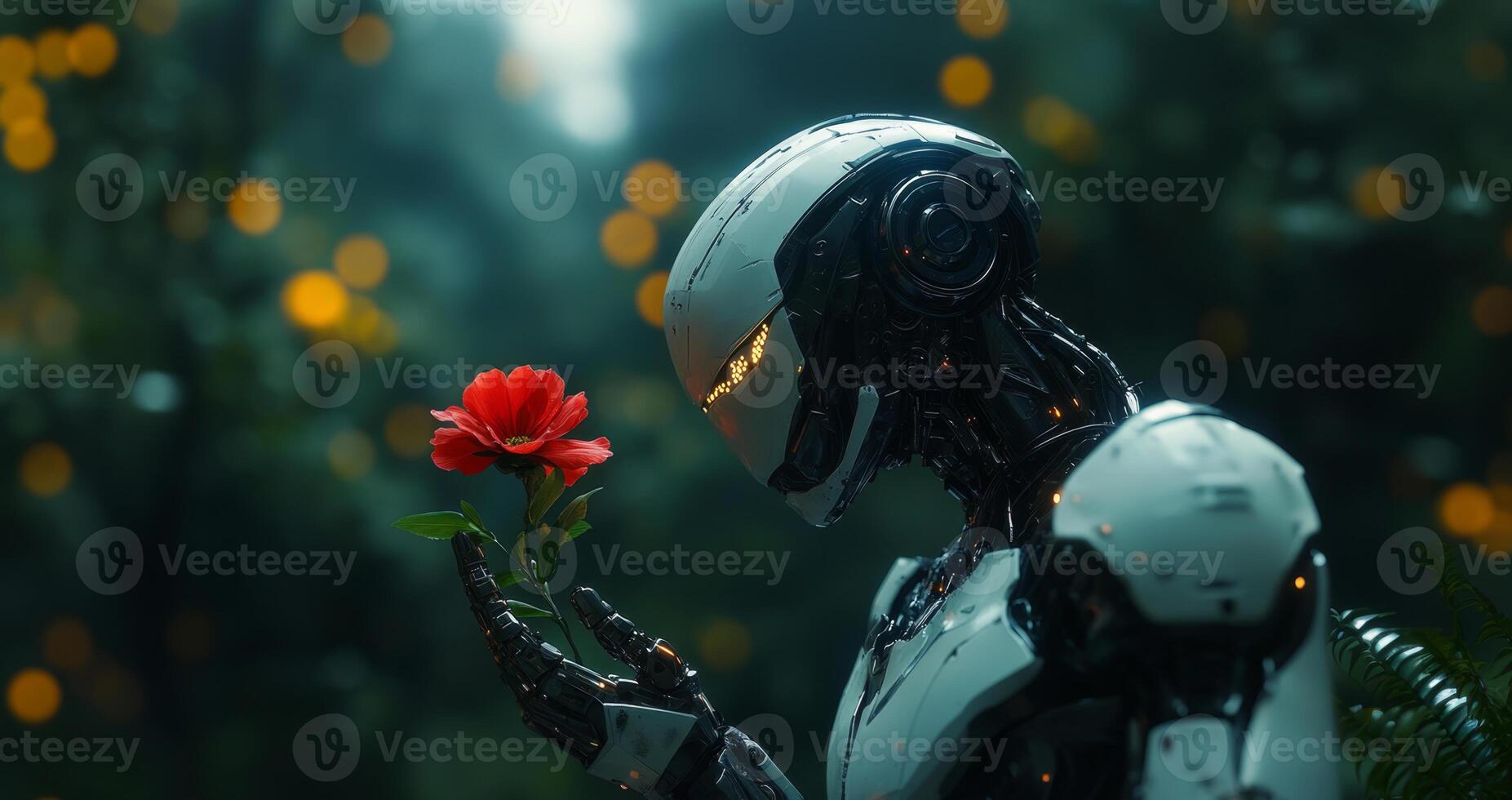 A humanoid robot delicately holds a bright red flower in a lush garden, symbolizing harmony between technology and nature in a serene environment. photo