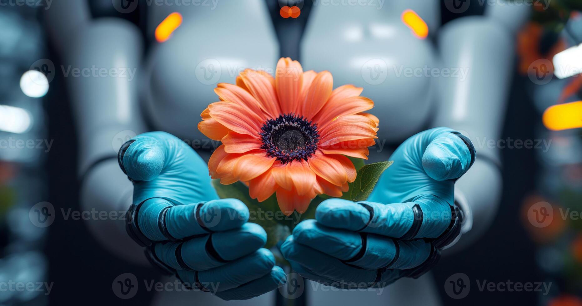 A humanoid robot gently holds a vibrant orange flower, embodying a message of peace and harmony, set against a modern, technological background. photo
