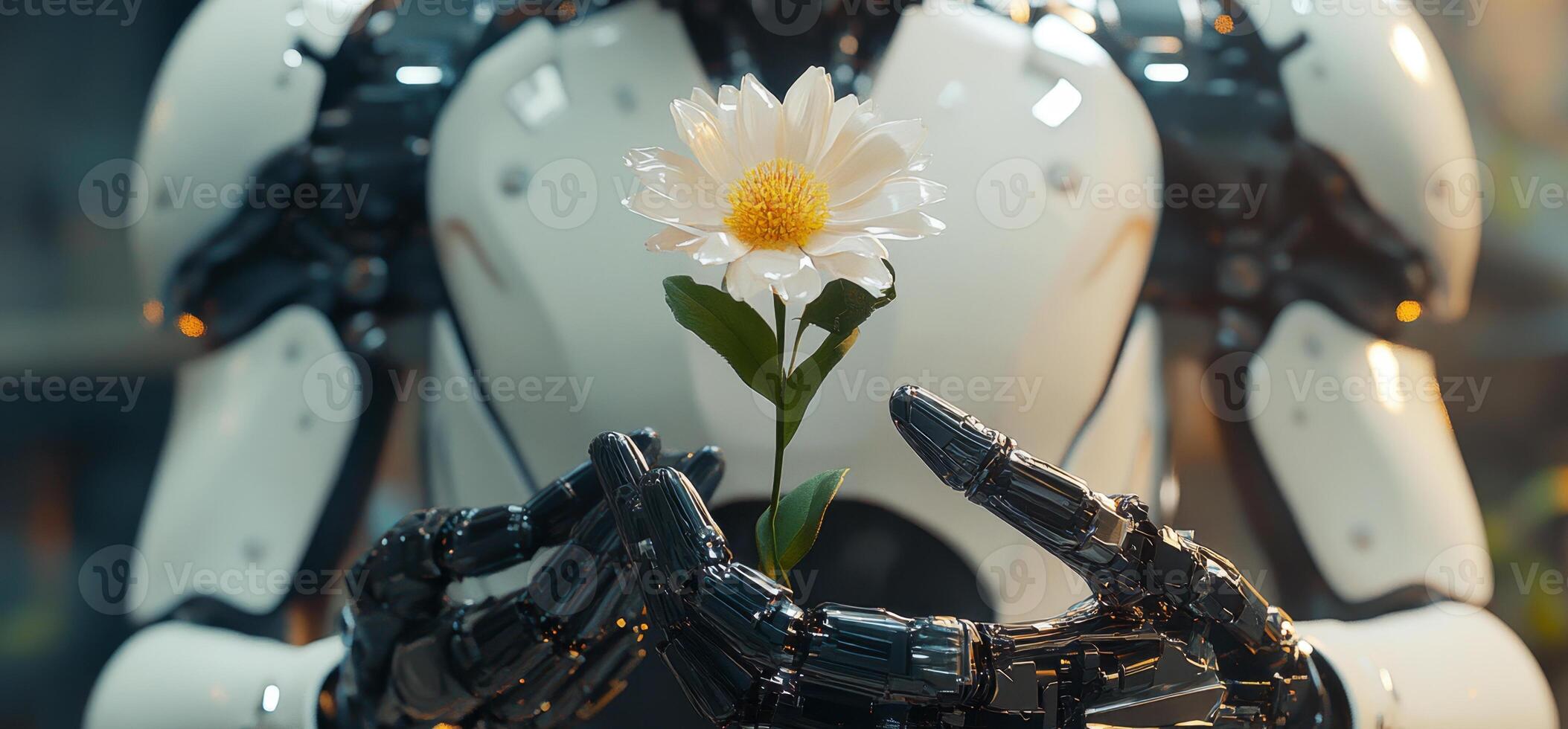 A humanoid robot holds a delicate flower, blending technology and nature in soft light, promoting peace and humanity. photo