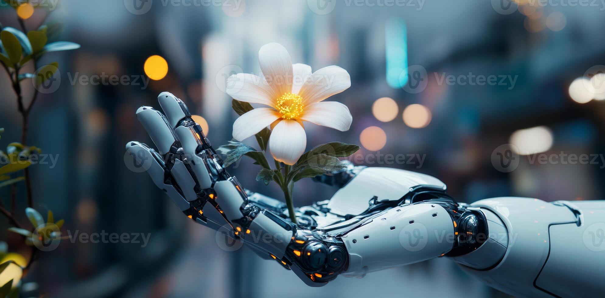 A humanoid robot cradles a bright flower, symbolizing the bond between technology and nature in a lively urban evening. photo