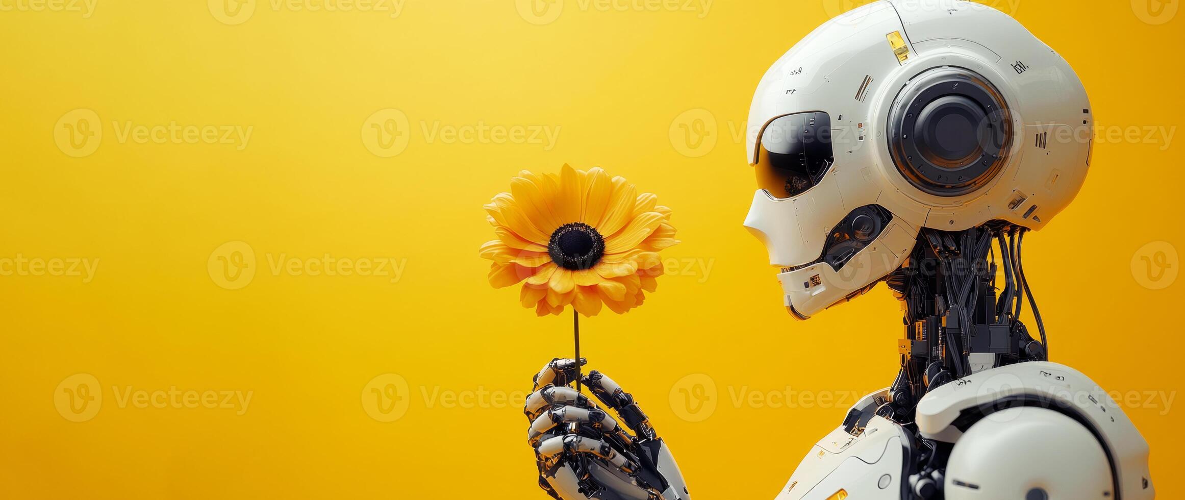 A humanoid robot delicately holds a bright yellow flower, embodying harmony between technology and nature against a warm background. photo