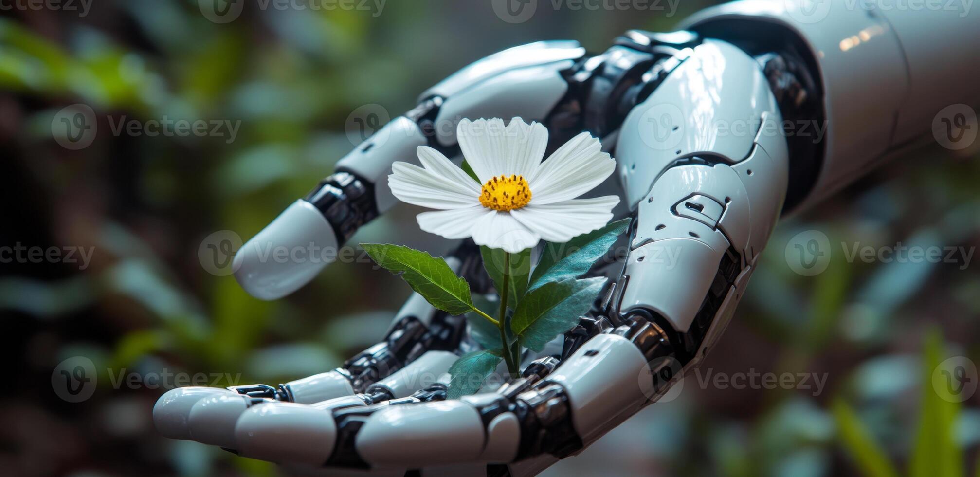 A humanoid robot delicately cradles a flower in its hand, symbolizing the connection between technology and nature. This moment embodies peace and hope for humanity. photo