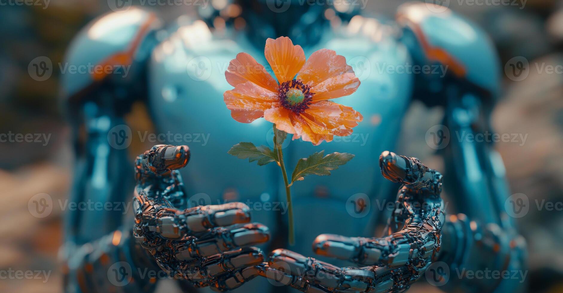 A humanoid robot gently cradles a delicate flower in its metallic hands, representing a connection between technology and nature, embodying peace and harmony. photo