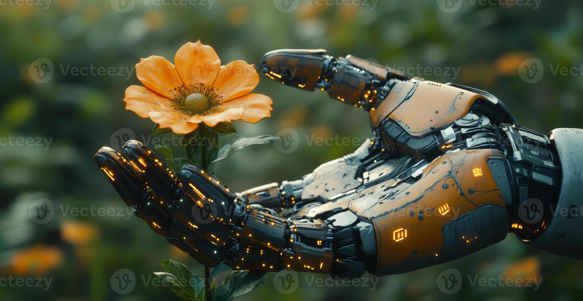 A humanoid robot gently reaches out with its armored hand towards a vibrant orange flower, symbolizing harmony between technology and nature in a peaceful garden. photo
