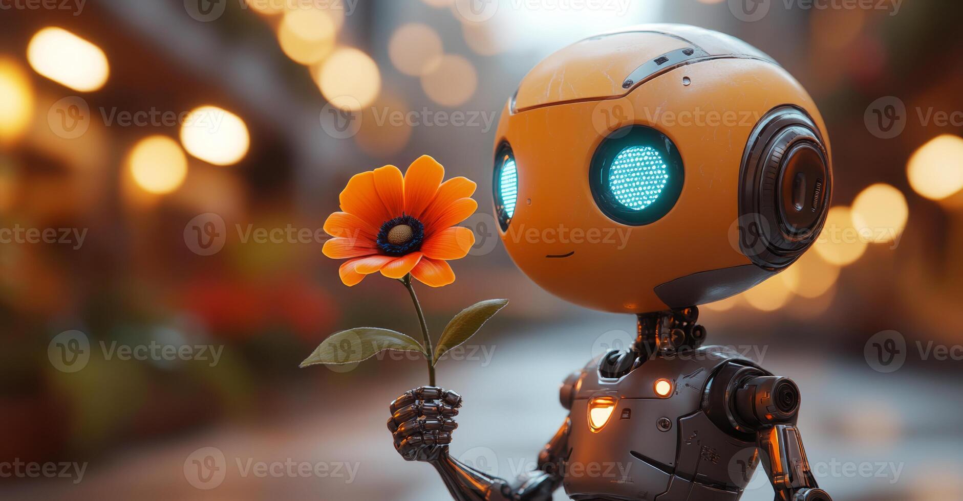 A humanoid robot stands in a bustling urban setting, gently holding a vibrant flower, representing unity and harmony between technology and nature. photo