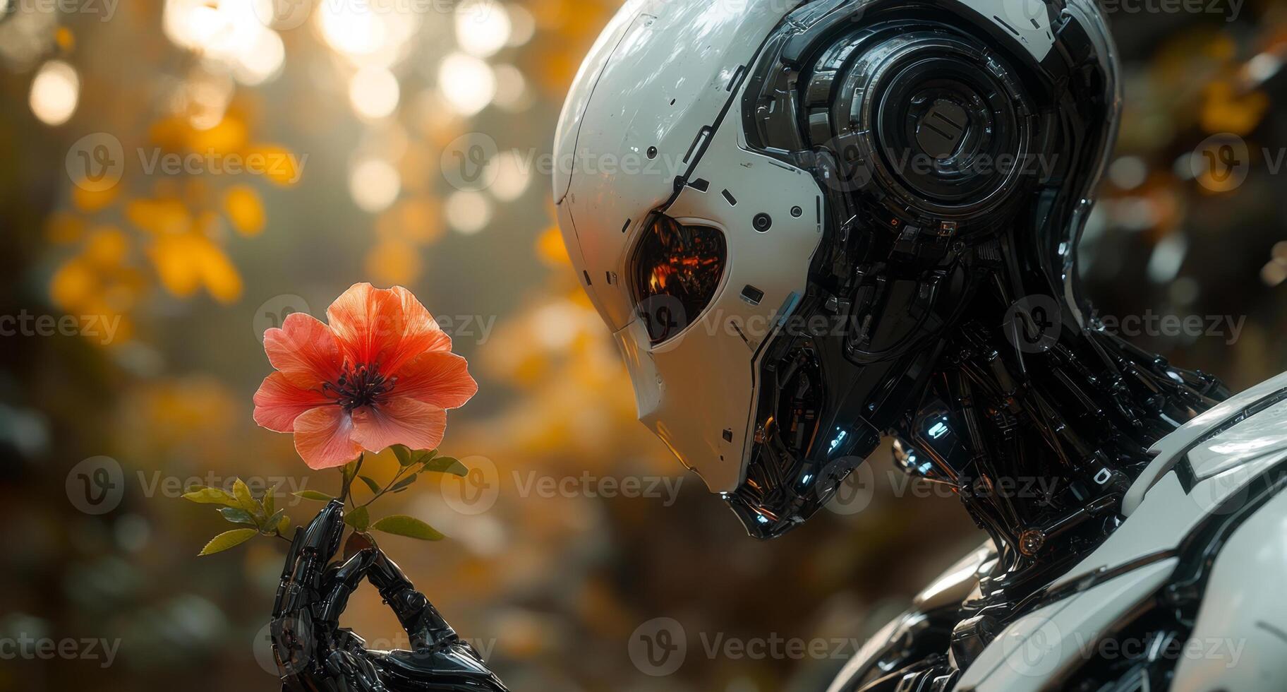 A humanoid robot delicately holds a vibrant flower, reflecting a blend of technology and nature in a peaceful setting during twilight. photo