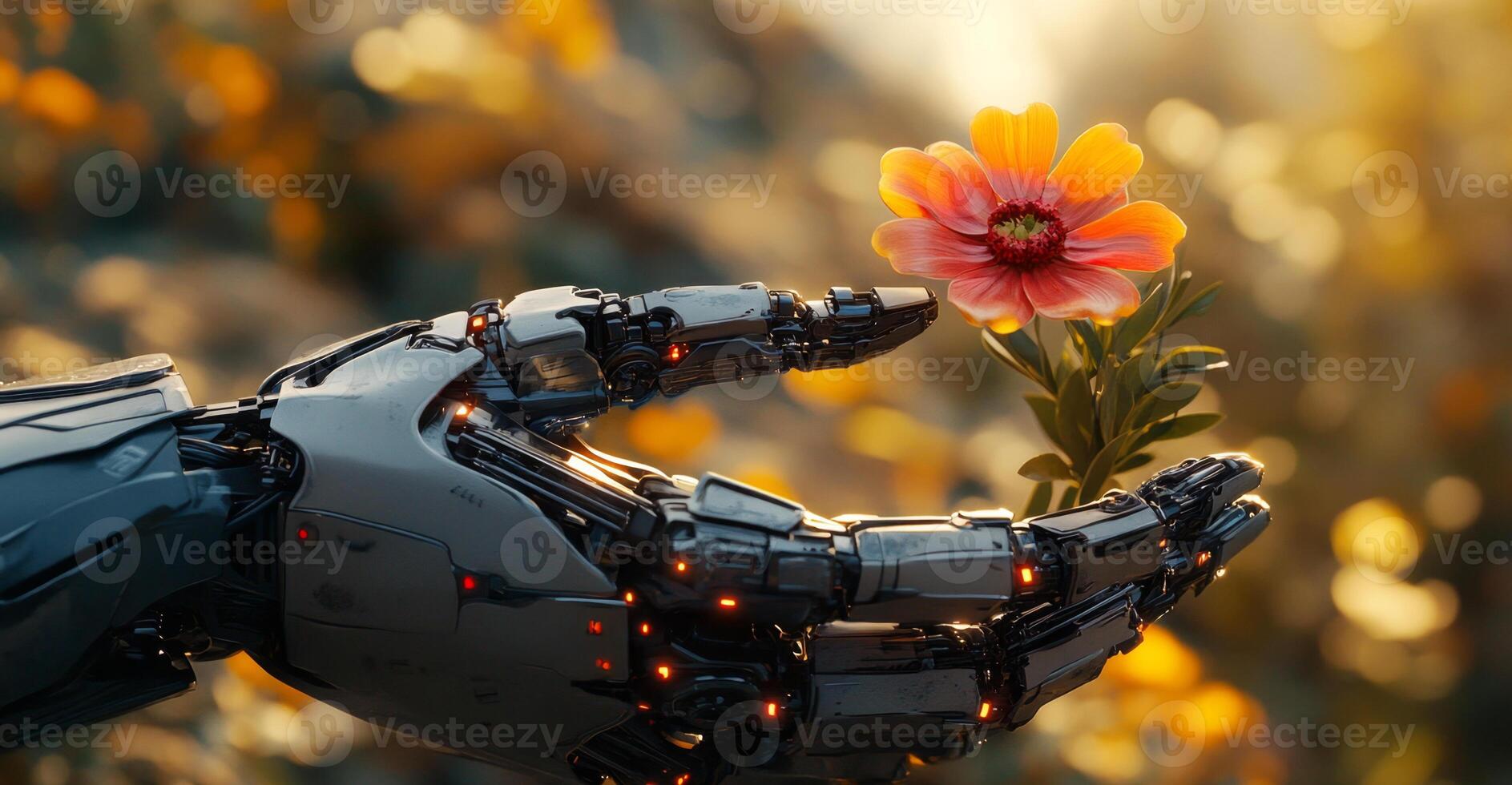 A humanoid robot gently holds a vibrant flower in its hand, symbolizing harmony between technology and nature during a tranquil sunset. photo