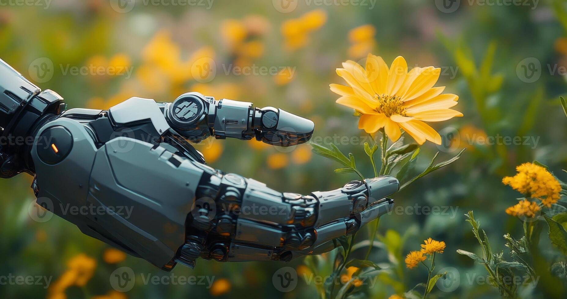 A humanoid robot extends its metallic hand towards a bright yellow flower in a lush garden filled with blooming plants, showcasing a blend of technology and nature. photo