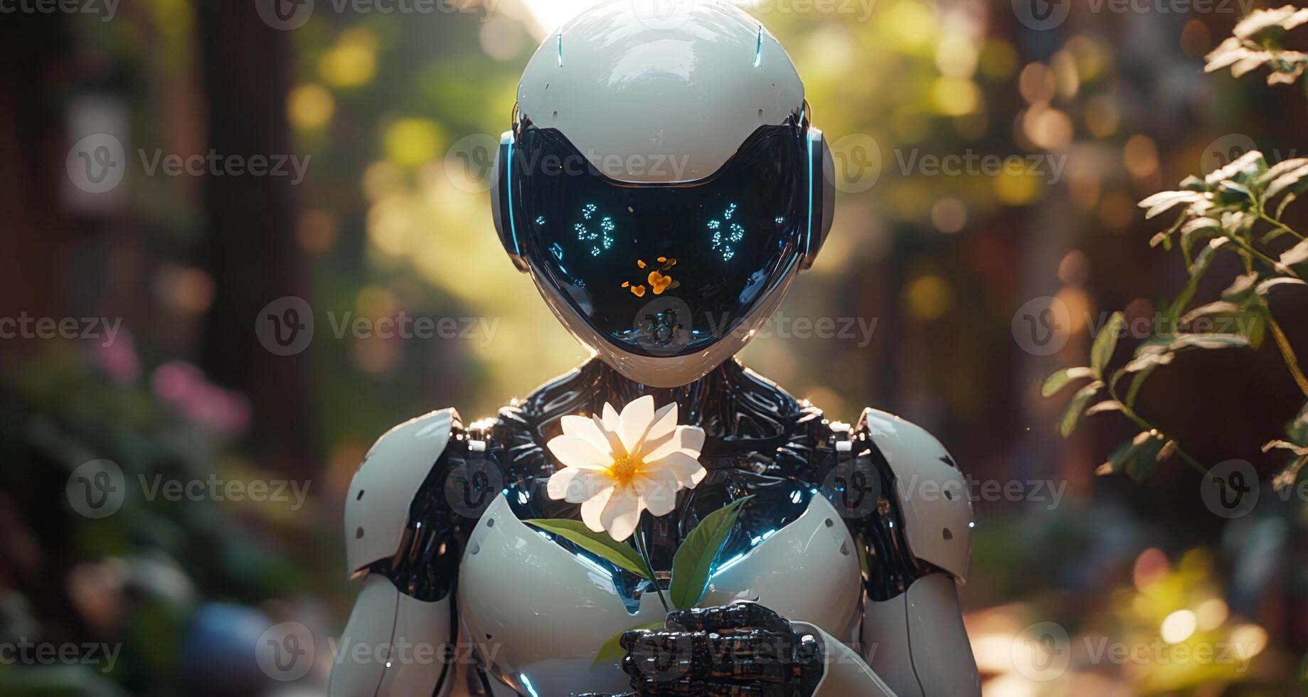 A humanoid robot stands peacefully in a lush garden, gently holding a blooming flower, symbolizing harmony between technology and nature. photo