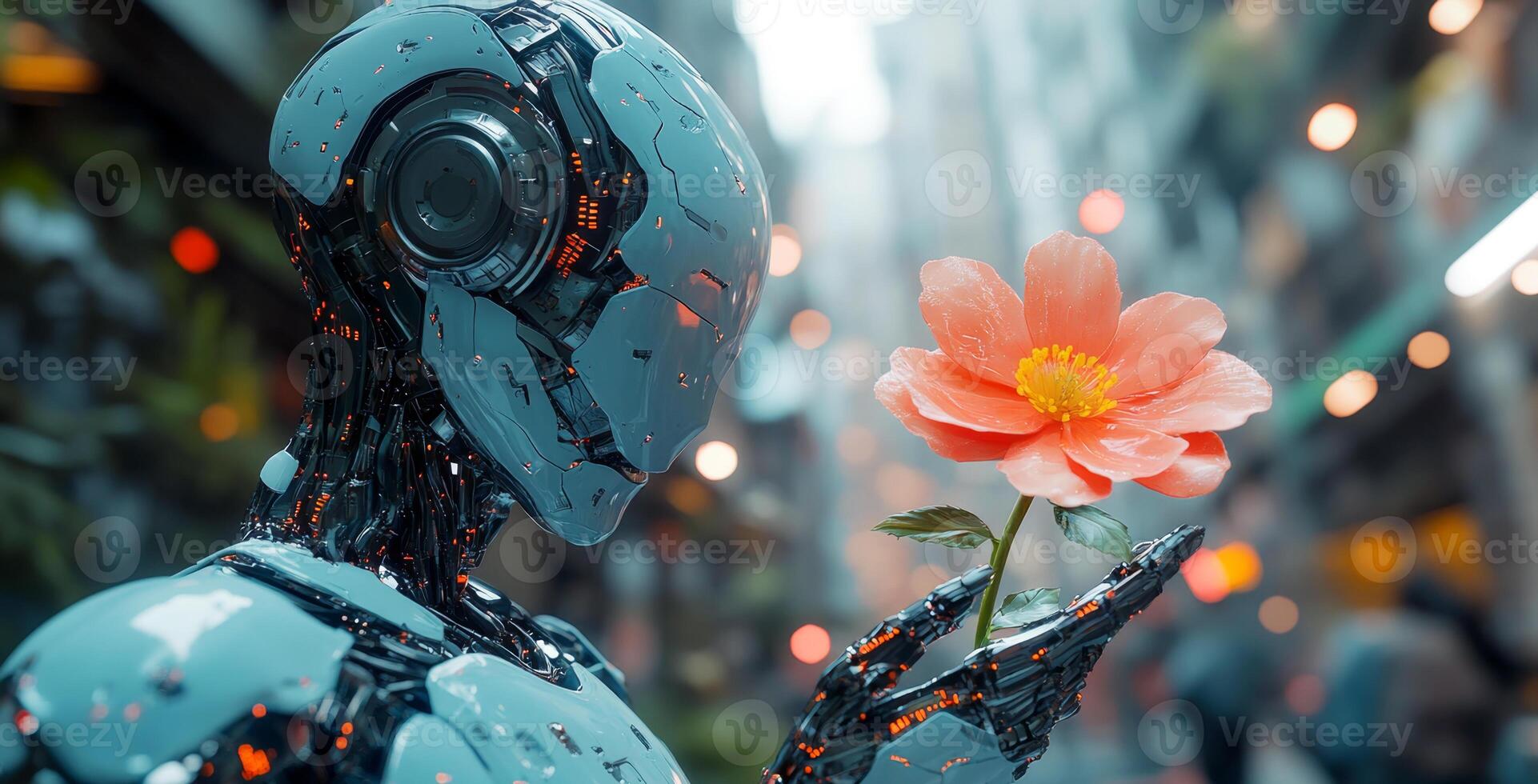 In a lively urban street, a humanoid robot gently holds a flower, symbolizing the potential for peaceful coexistence between technology and nature. photo