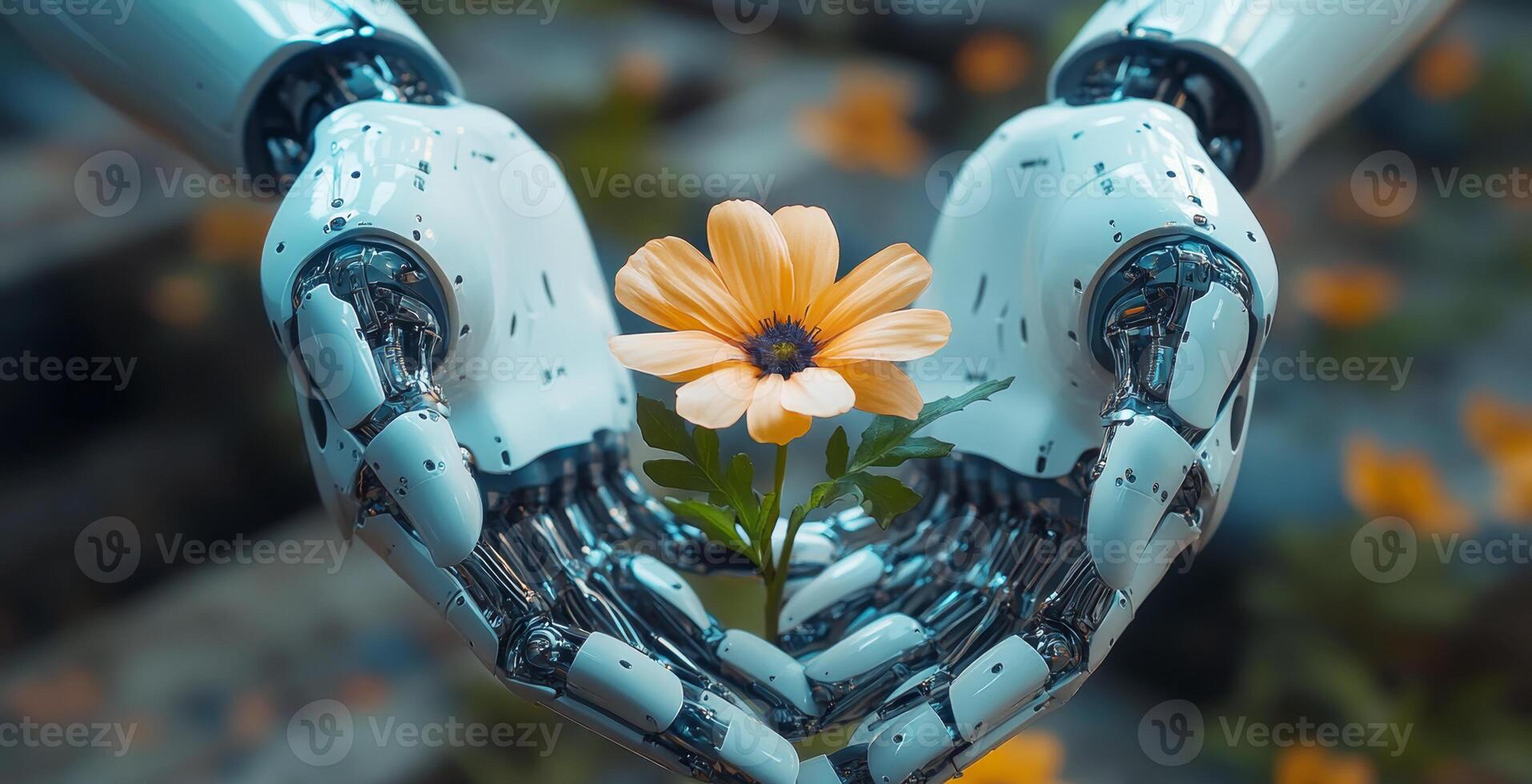 In a serene garden, a humanoid robot cradles a blooming flower, symbolizing the bond between technology and nature, fostering peace and coexistence. photo