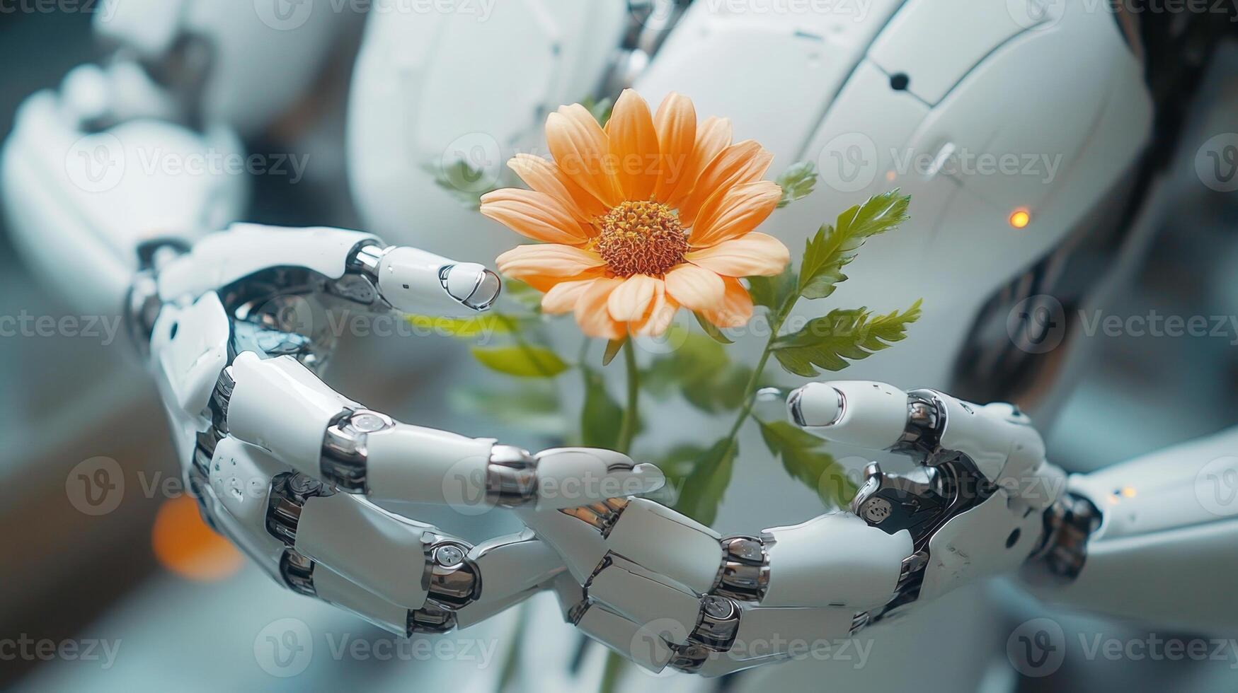 A humanoid robot cradles a vibrant flower, symbolizing a bridge between technology and nature, highlighting aspirations for peace within humanity. photo