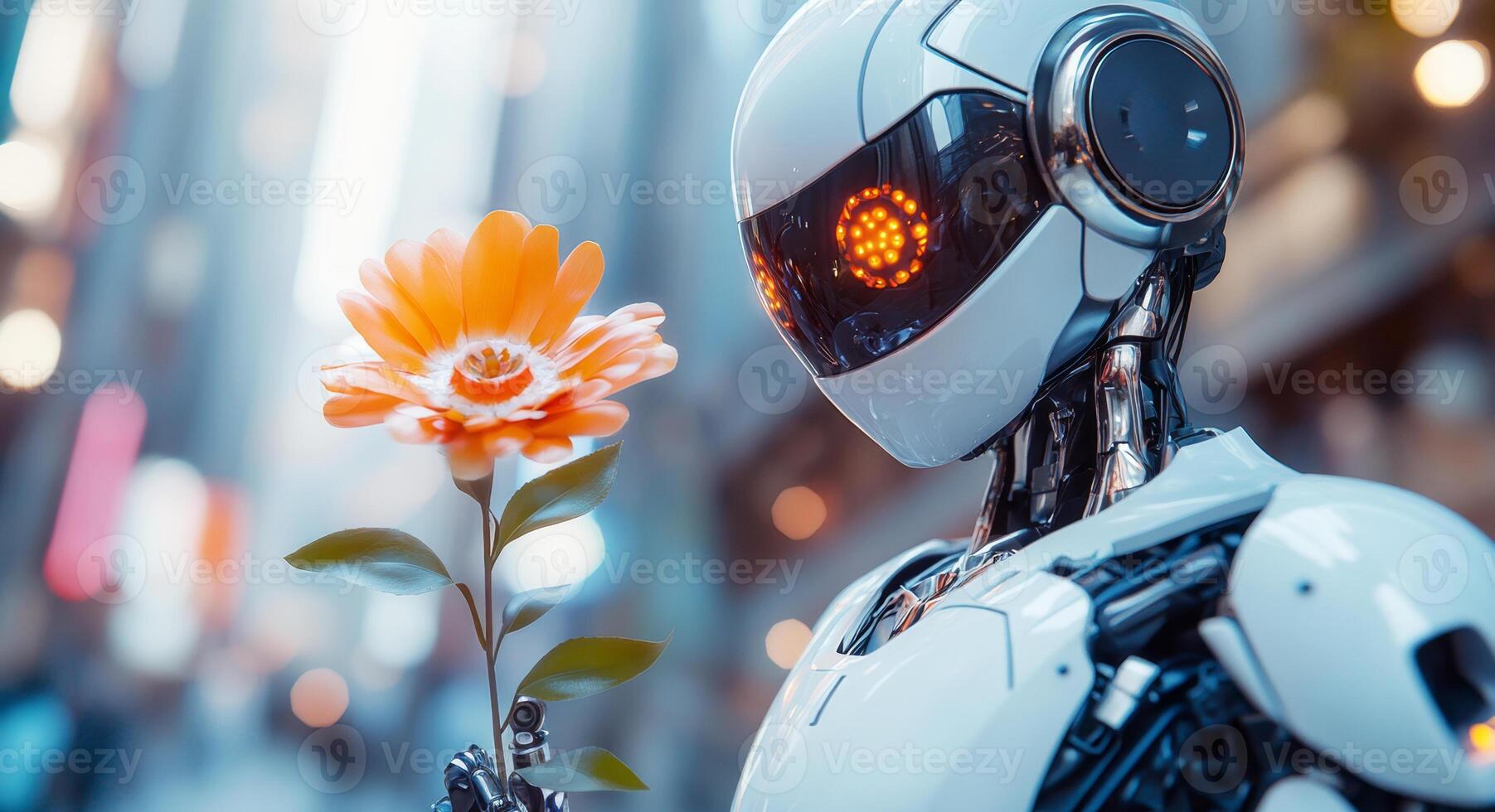 A humanoid robot stands confidently in a bustling city environment, delicately holding a vibrant flower, symbolizing hope and peace amidst technology. photo