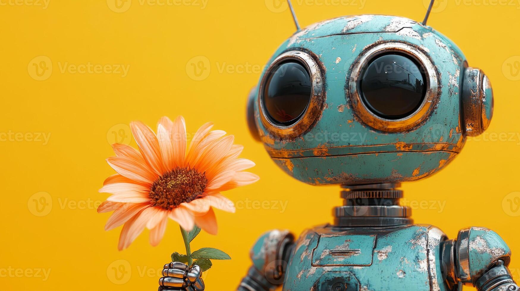 A cheerful humanoid robot, displaying a metallic finish, gently holds a vibrant flower against a warm yellow background, embodying themes of peace and connection. photo