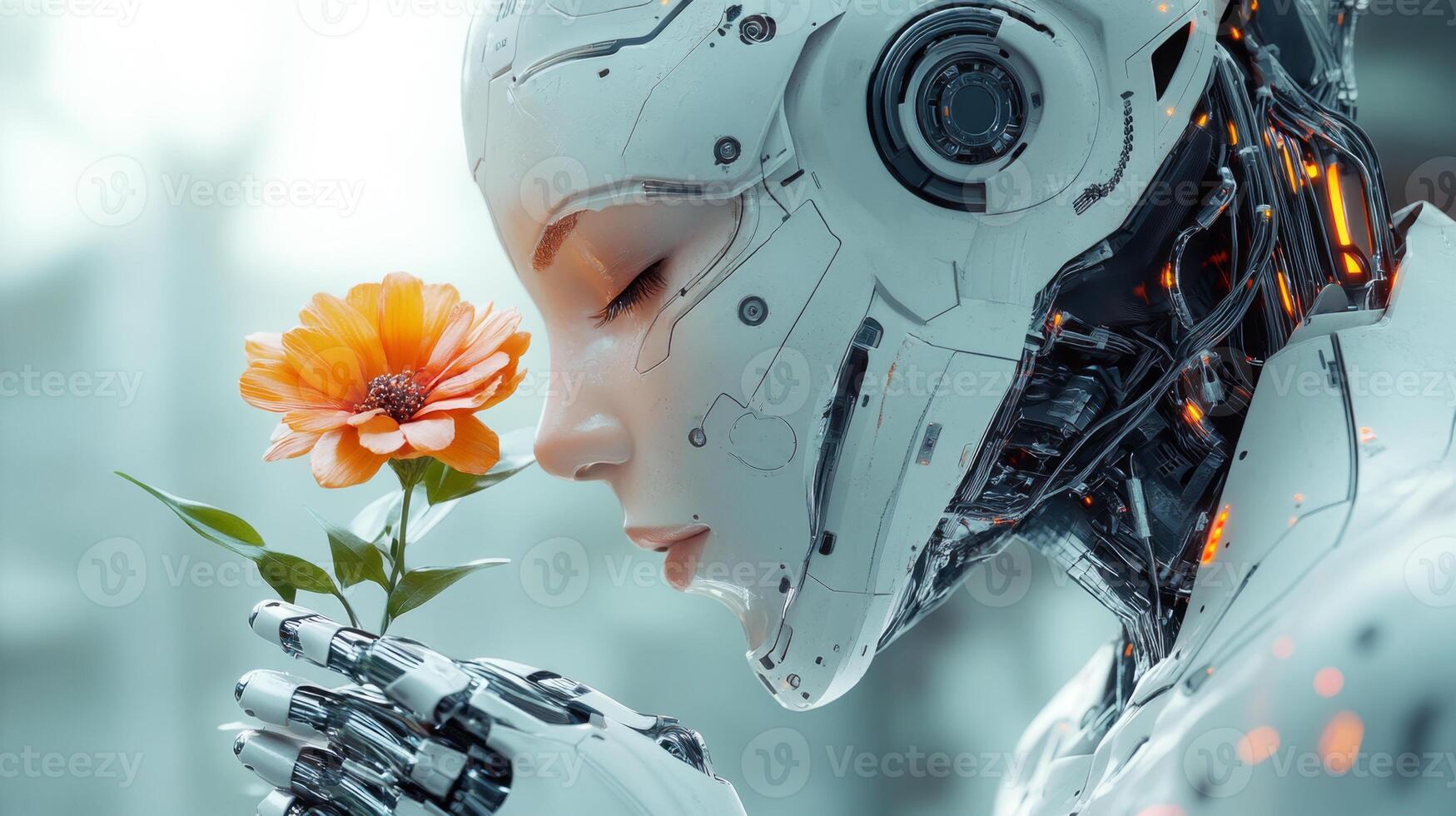 A humanoid robot gently holds a vibrant flower, reflecting a moment of peace and connection with nature, showcasing the blend of technology and humanity. photo