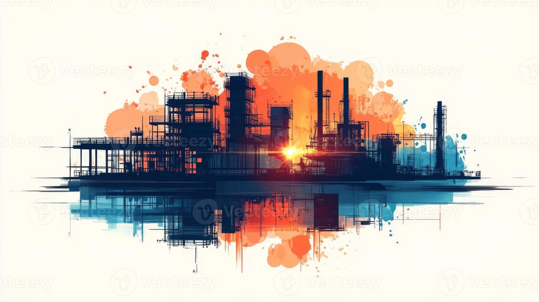 A vibrant factory scene during sunset showcases an industrial site with silhouette structures. photo
