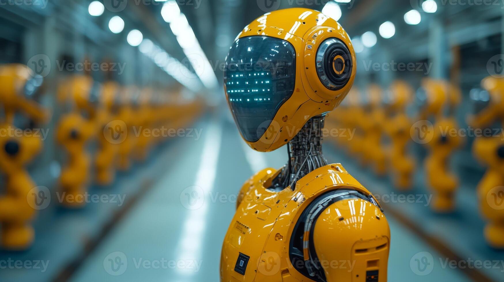 In a cutting-edge factory, a robotic figure stands prominently amid rows of automated machines. This technology showcases the efficiency and innovation driving industry today. photo