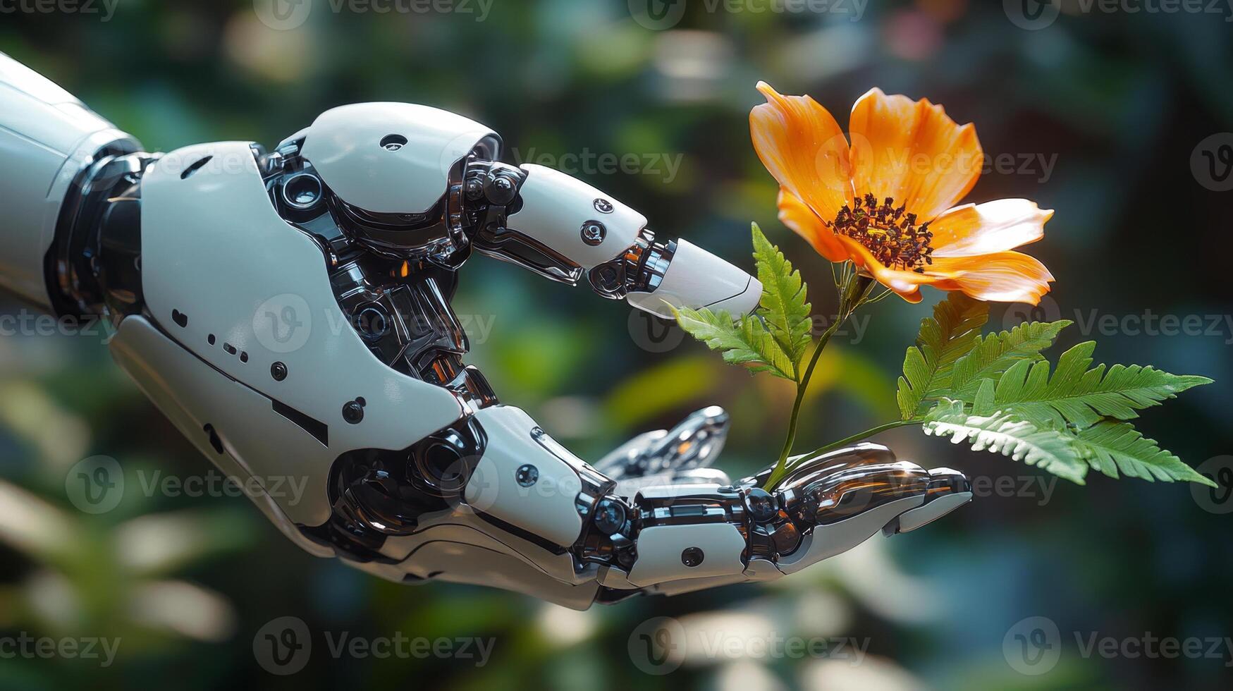 A humanoid robot extends its hand to hold a vibrant flower, illustrating the connection between technology and nature in a peaceful setting. photo
