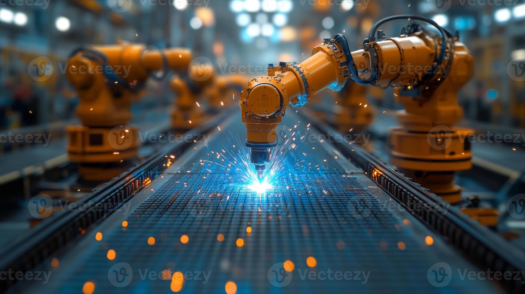 In a state-of-the-art manufacturing facility, robotic arms perform precise welding tasks on a conveyor belt, creating sparks that illuminate the scene. Automation drives productivity. photo