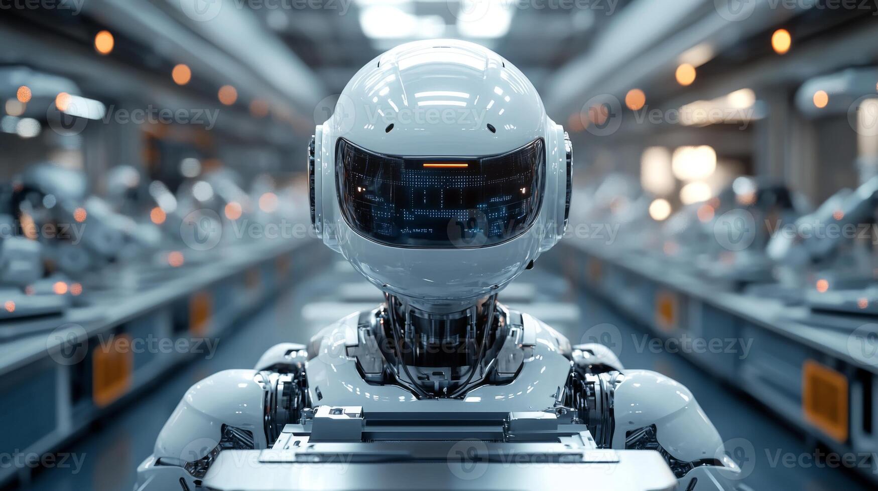 A sophisticated robot is positioned in a high-tech manufacturing factory, overseeing automated processes and engineering tasks. This advanced system demonstrates the integration of AI and robotics. photo