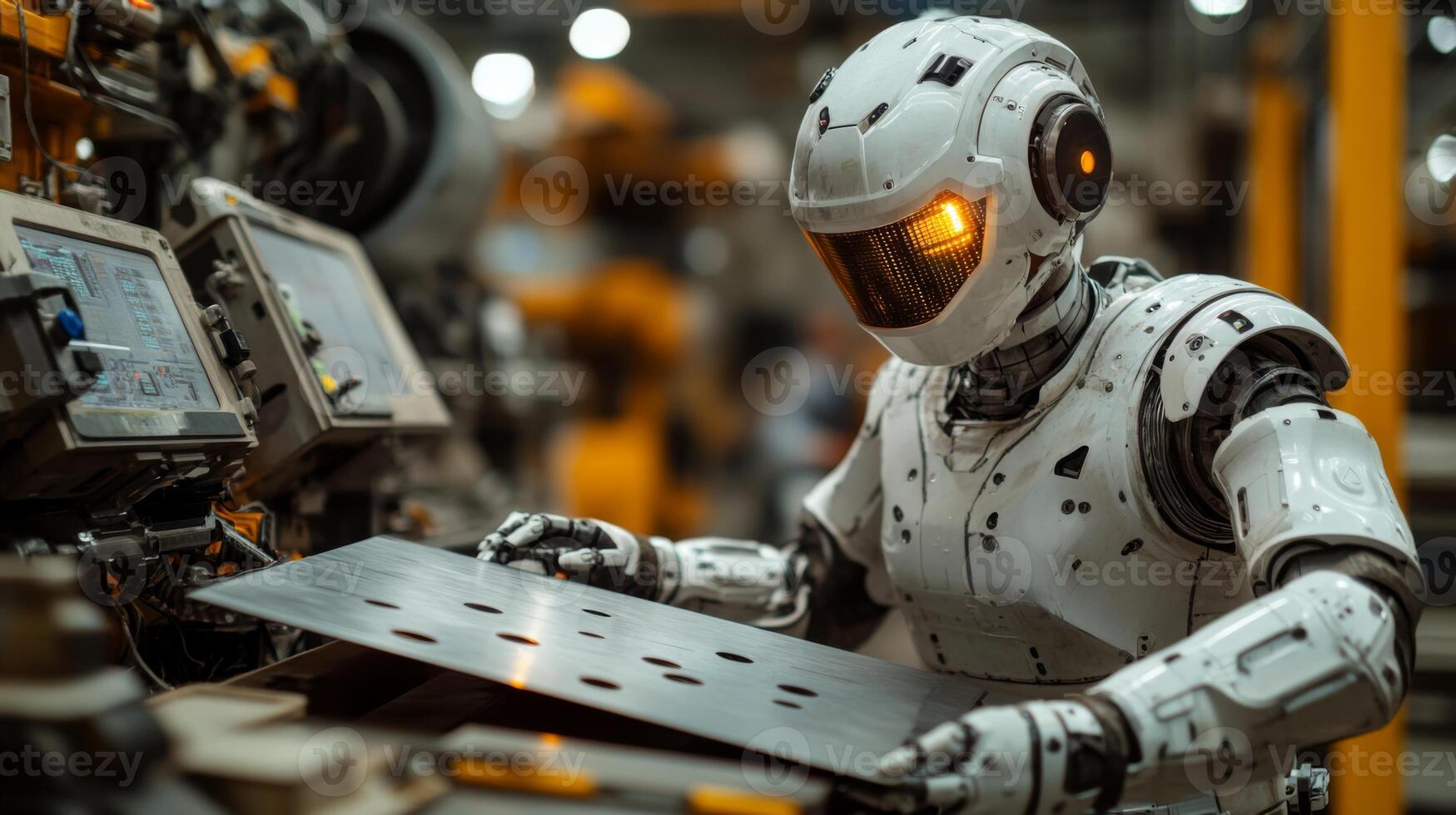 A humanoid robot meticulously handles metal sheets in a bustling factory environment, showcasing cutting-edge engineering and automated assembly techniques crucial for efficient production. photo