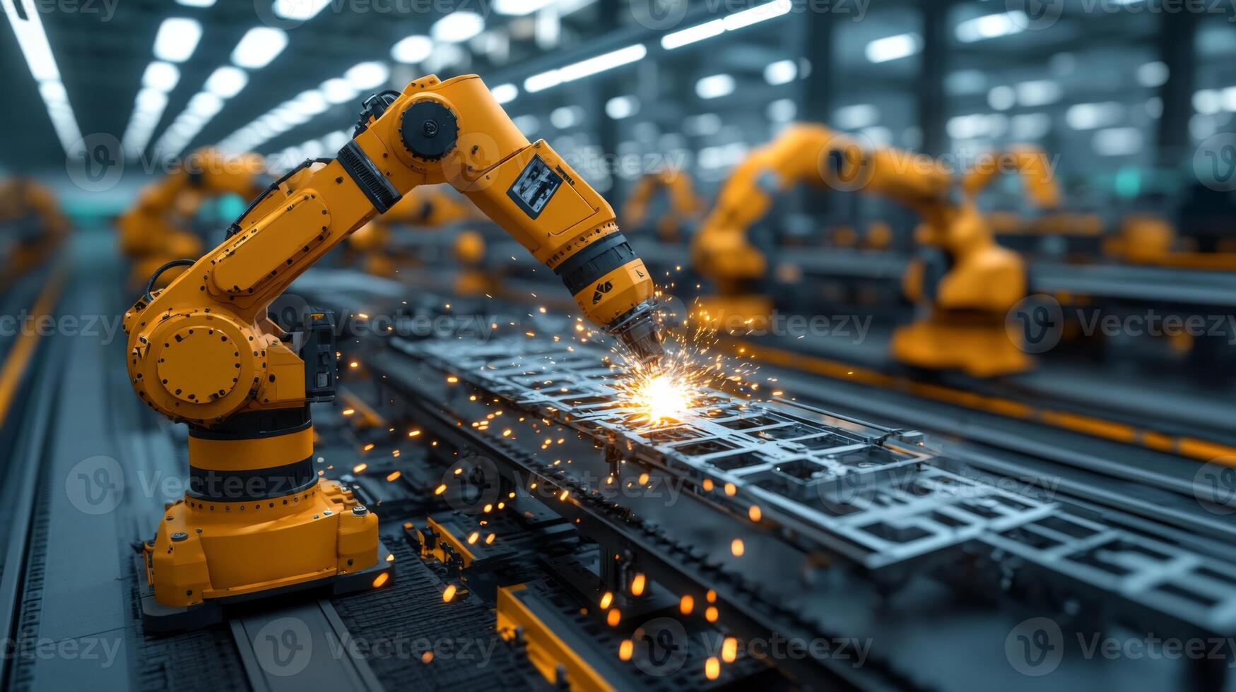 Robotic arms actively perform welding tasks on a conveyor system within a modern factory, enhancing production efficiency through automation. Sparks fly as the robots work diligently. photo
